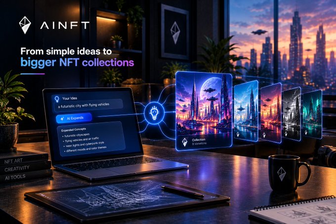 A promotional image for 'AINFT' showing a laptop interface with text 'From simple ideas to bigger NFT collections', alongside floating NFT cards displaying futuristic cityscapes and a lightbulb icon.