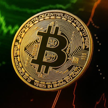 A close-up of a physical Bitcoin coin resting on a surface with a dark background featuring green and red financial chart lines.