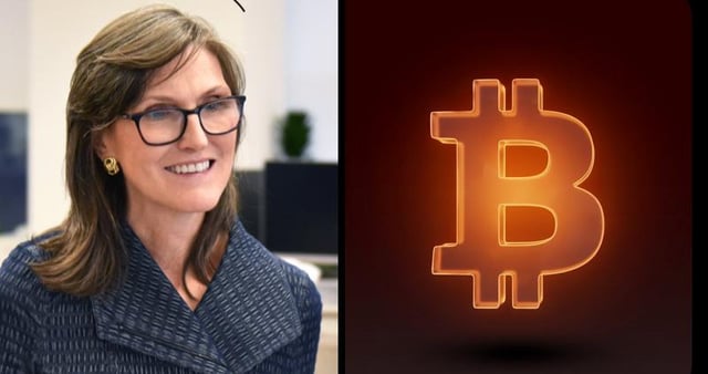 The image features a woman wearing glasses, smiling at the camera, with a computer monitor behind her. The background of the photo shows an advertisement for Bitcoin, which includes a neon "B" symbolizing the cryptocurrency. The text in the image suggests that the woman is promoting Bitcoin and its ETFs, possibly as part of a marketing campaign or promotional material.