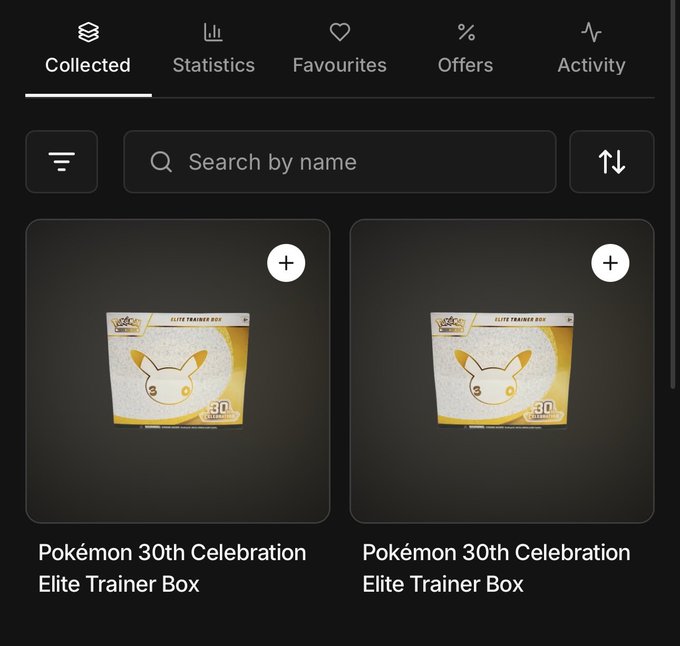 A screenshot of a collection app showing two 'Pokémon 30th Celebration Elite Trainer Box' items under tabs for Collected, Statistics, Favourites, Offers, and Activity.