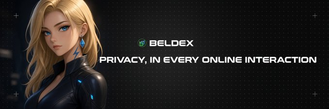 A promotional banner for 'BELDEX' featuring an anime-style blonde woman in a dark futuristic outfit, with the tagline 'PRIVACY, IN EVERY ONLINE INTERACTION'.