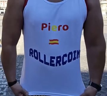 A close-up of a person wearing a white sleeveless shirt featuring the text 'Piero', a Spanish flag, and 'ROLLERCOIN' printed on the front.