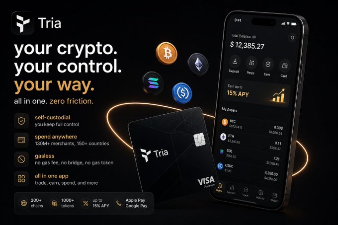 The image depicts a smartphone displaying a cryptocurrency wallet app interface, which is promoting cryptocurrency transactions using the "Tria" payment system. The scene includes various types of cryptocurrencies displayed on the phone screen along with the words "your crypto," "your control," "all in one zero friction." Additionally, there are illustrations and text on the phone indicating how to use the app for Bitcoin, Ethereum, and other cryptocurrency wallets.