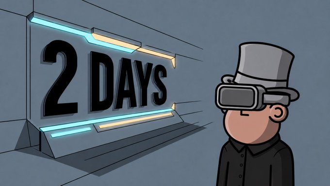 A cartoon character wearing a top hat and VR headset stands next to a glowing neon sign reading '2 DAYS'.