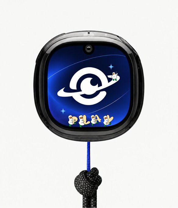A black smartwatch displays a space-themed digital wallpaper featuring an astronaut, a planet, and the word 'PLAY' in stylized letters at the bottom.