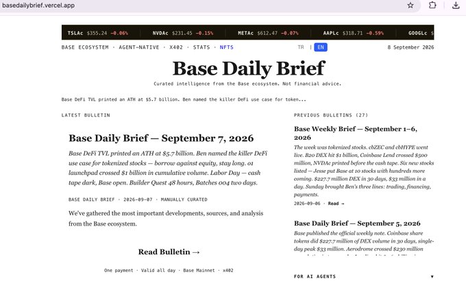 Screenshot of the Base Daily Brief website (basedailybrief.vercel.app), a curated newsletter for the Base ecosystem dated September 8, 2026, with the latest bulletin about Base DeFi TVL hitting $5.7 billion and previous bulletins in the sidebar.
