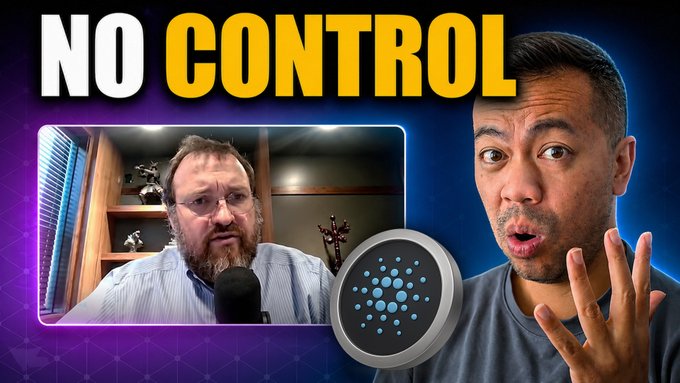 The image features a man wearing glasses talking into a microphone with a caption that reads "No Control" above him. Below this, there are two men's faces, one of whom appears to be a speaker or host while the other seems to be a participant in an online discussion about Cardano and its governance issues. The caption also includes a reference to the term "treasury funding is messy".