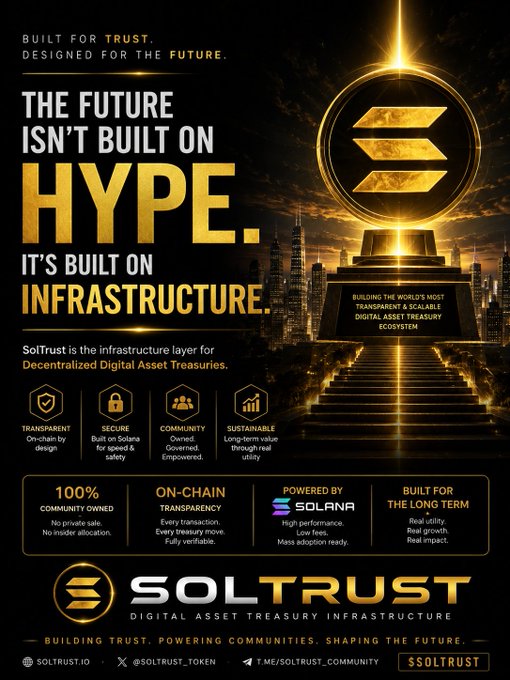 A promotional poster for SOLTRUST, a Digital Asset Treasury Infrastructure built on Solana, featuring the tagline 'THE FUTURE ISN'T BUILT ON HYPE, IT'S BUILT ON INFRASTRUCTURE' with golden trophy imagery.