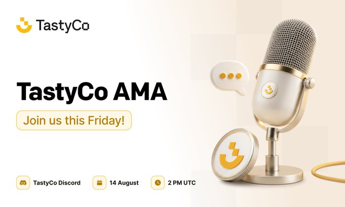 The image is a promotional graphic for the "TastyCo AMA" event featuring a gold microphone and the TastyCo logo, with details showing it takes place on "14 August" at "2 PM UTC" on the "TastyCo Discord." The graphic supports the accompanying post announcing the first TastyCo community AMA on Discord, highlighting the same date and time while teasing potential "alphas" and rewards for participants.