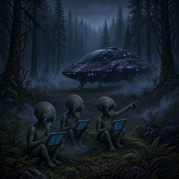 A digital illustration depicting three gray aliens wearing glowing blue VR headsets and using tablets while sitting in a misty forest at night, with a purple glowing UFO hovering behind them.