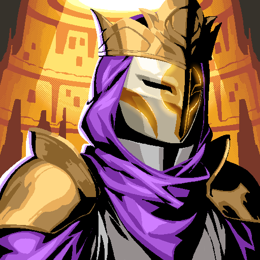An illustration of a knight or warrior wearing a gold crown, a silver mask, and purple cloak with golden armor, set against an orange backdrop of buildings.
