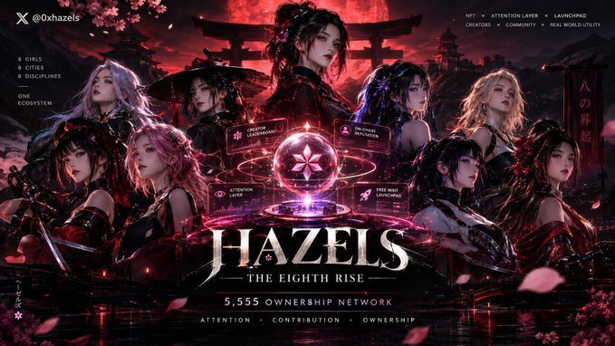 A promotional banner for 'HAZELS - THE EIGHTH RISE' featuring anime-style female characters in red and black attire against a Japanese temple backdrop, promoting 5,555 ownership NFTs with attention, contribution, and ownership features.