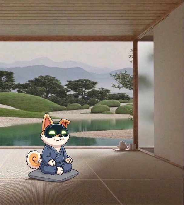 An anime-style cat character with glowing green eyes, wearing a blue kimono, sits in a meditative pose on a cushion inside a traditional Japanese room overlooking a tranquil pond and garden.