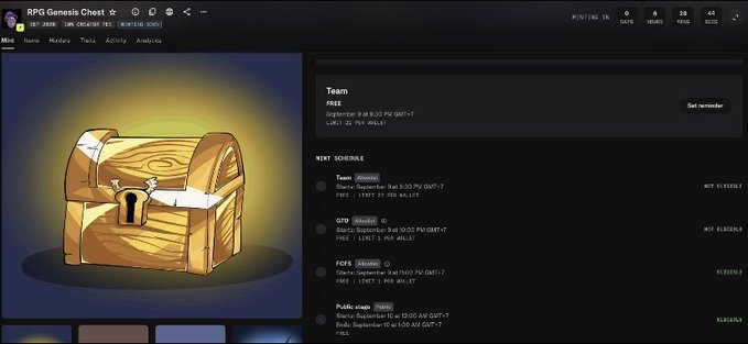 A screenshot of the RPG Genesis Chest website displaying team information, event schedules, and a large wooden treasure chest graphic on a dark background.