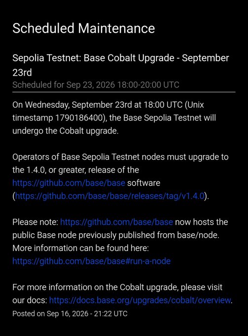 A text announcement titled 'Scheduled Maintenance' for the 'Sepolia Testnet: Base Cobalt Upgrade - September 23rd'. It details that operators must upgrade to version 1.4.0 or greater and includes links to GitHub repositories.