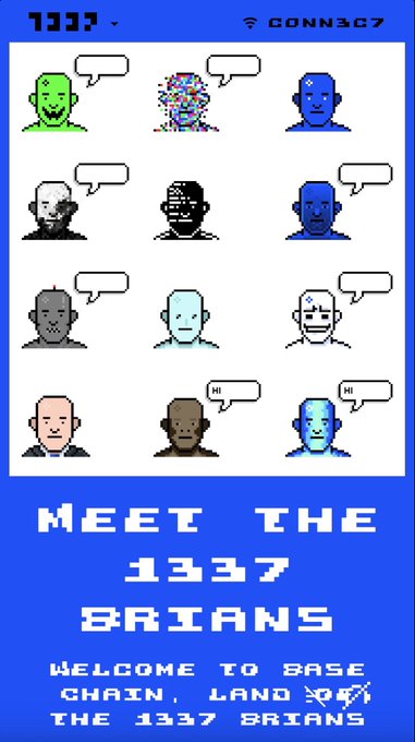 A pixel art style promotional poster titled 'MEET THE 1337 BRIANS' featuring a grid of various blue and colorful character avatars with speech bubbles, welcoming viewers to Base Chain.