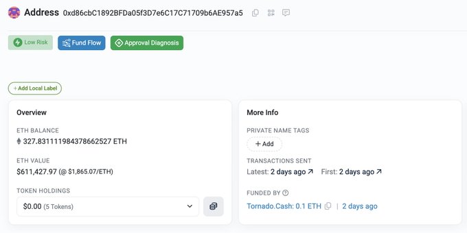 An Etherscan-style blockchain address page for 0xd86cbC18928FDa05f3D7e6C17C71709b6AE957a5, showing an ETH balance of 327.83111984378662527 ETH ($611,427.97) and funded by Tornado.Cash.
