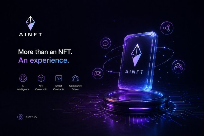 A promotional graphic for 'AINFT' featuring a glowing purple crystal NFT display with the tagline 'More than an NFT. An experience.' and icons representing AI Intelligence, NFT Ownership, Smart Contracts, and Community Driven, with 'ainft.io' at the bottom.