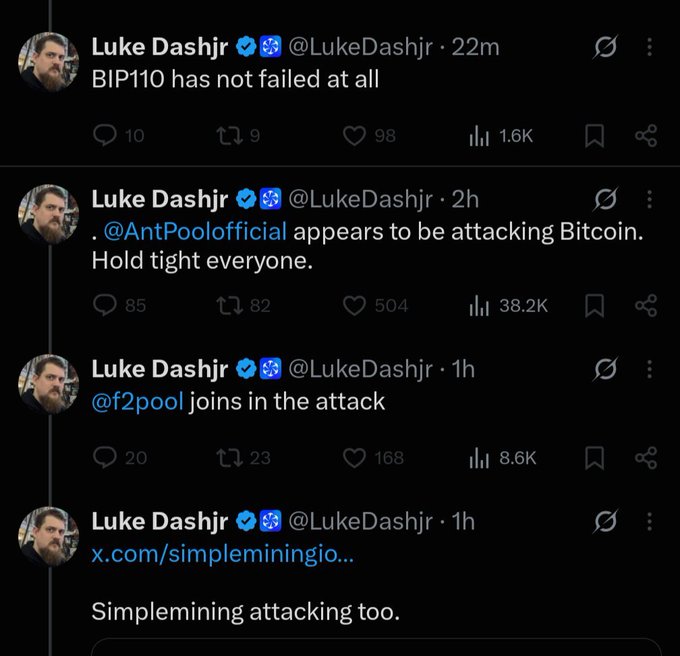 The image shows a series of tweets from Luke Dashjr (@LukeDashjr) in which he claims that AntPool, F2Pool, and Simplemining are "attacking Bitcoin," while insisting that "BIP110 has not failed at all." This directly illustrates the post's mocking title "Suicidal Retardation RIP-110," as Dashjr appears to be doubling down on the failed BIP110 proposal and blaming major mining pools for its lack of adoption.