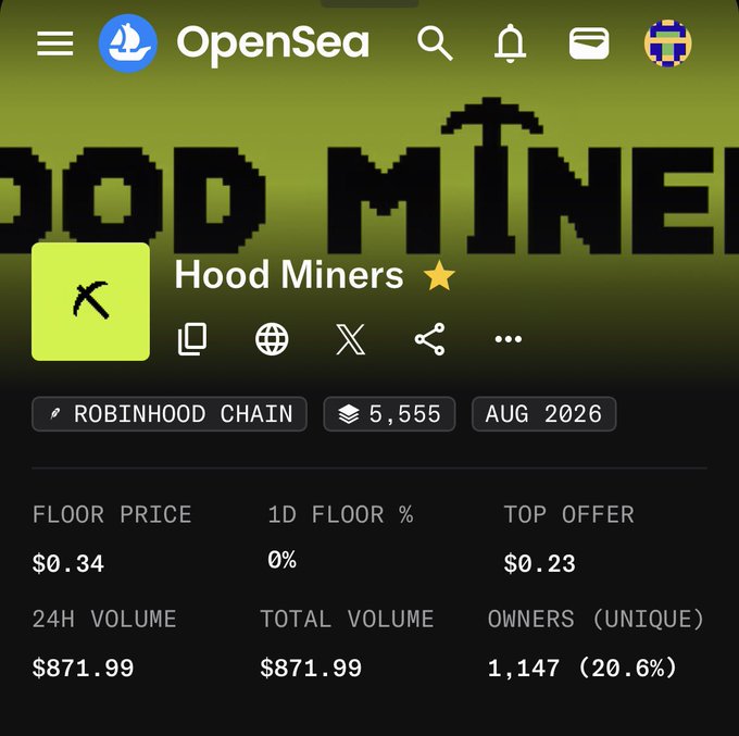 An OpenSea NFT collection page for 'Hood Miners' on the Robinhood Chain, showing a total supply of 5,555 items, a floor price of $0.34, a top offer of $0.23, and 1,147 unique owners (20.6%).