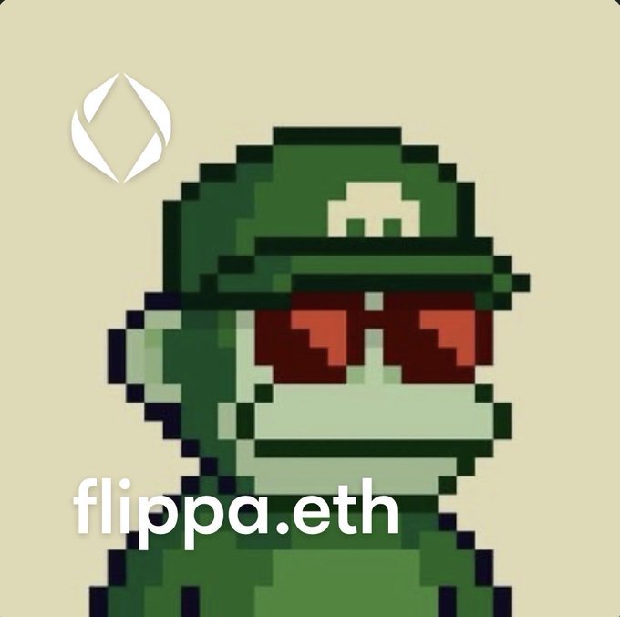 A pixel art avatar of a green frog character wearing sunglasses and a cap, with the text "flippa.eth" displayed below.
