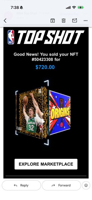 A screenshot of an NBA Top Shot email notification announcing the sale of an NFT (Michael Jordan Origins moment) for $720.00, with an "EXPLORE MARKETPLACE" button.