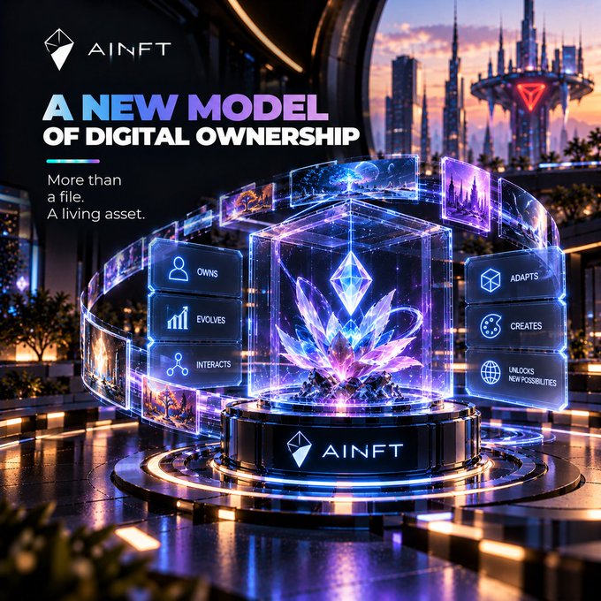 An AINFT promotional image titled "A NEW MODEL OF DIGITAL OWNERSHIP" features a glowing crystalline structure surrounded by attributes: OWNS, EVOLVES, INTERACTS, ADAPTS, CREATES, and UNLOCKS NEW POSSIBILITIES.