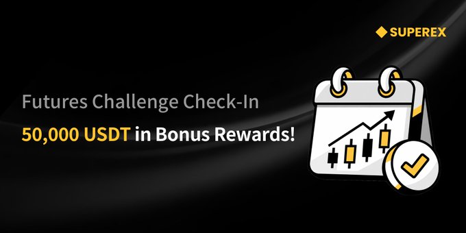 A promotional banner for SUPEREX's "Futures Challenge Check-In" featuring a calendar icon with trading charts and a checkmark, advertising a 50,000 USDT bonus rewards prize pool that ties directly into the post's tiered futures trading challenge.