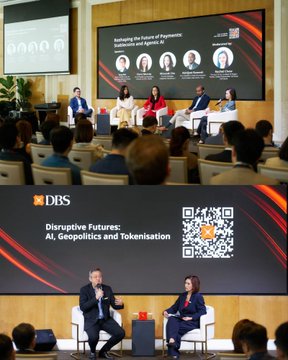Two scenes from a DBS "Disruptive Futures: AI, Geopolitics and Tokenisation" panel featuring discussions on "Assessing the future of Payments: Stablecoins and Agentic AI," where executives from Mastercard, Ripple, Stripe, and Visa explore the shift toward 24/7 cross-border tokenised settlement and AI-driven transactions.