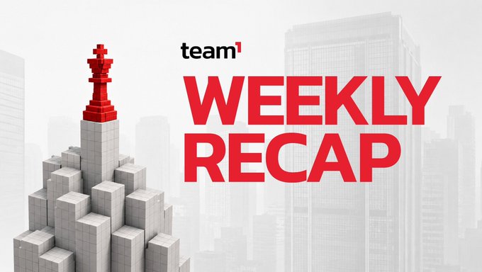 A promotional graphic featuring the "team1" logo and the text "WEEKLY RECAP" in large red letters, set against a 3D pixelated cityscape with a red king chess piece.