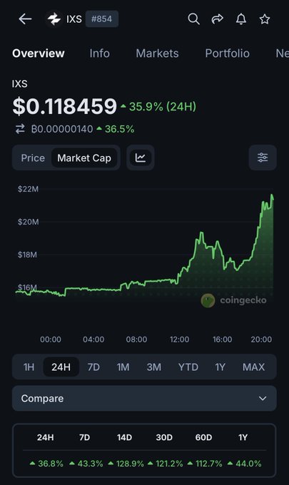 A CoinGecko price chart for the IXS token (#854) showing a price of $0.118459 with a 35.9% increase over 24H and significant gains across all timeframes (7D, 14D, 30D, 60D, 1Y).