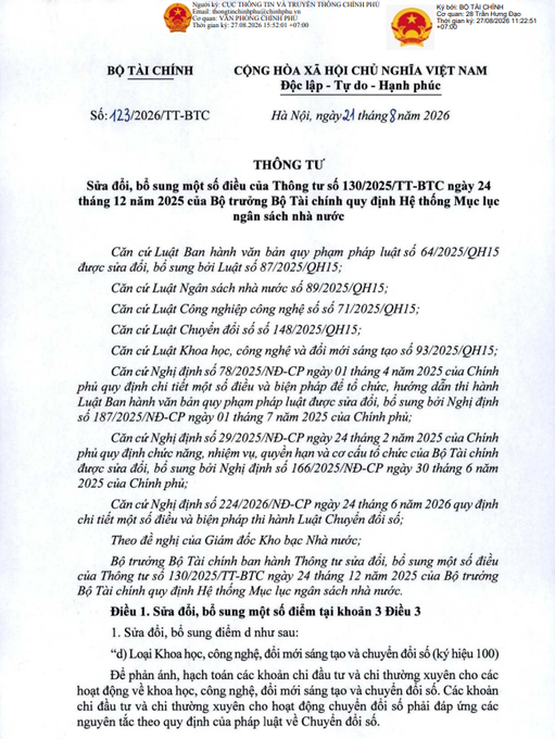 A Vietnamese Ministry of Finance official document (Thông tư số 123/2026/TT-BTC, dated August 24, 2026) issued by the Department of Tax Administration, amending and supplementing Circular 130/2025/TT-BTC regarding the regulatory framework on tax management for personal income tax on business income tax households and individuals, with the visible text introducing amendments to Article 3 on tax codes for business households and individuals. The document corresponds to the accompanying post noting Vietnam's Ministry of Finance issuing a new circular adding a dedicated accounting code for crypto asset-related taxes, effective August 21, 2026.
