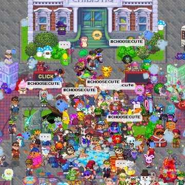 A crowded pixel art scene showing numerous cartoon characters gathered together with multiple '#CHOOSECUTE' and 'CLICK' text banners displayed prominently.