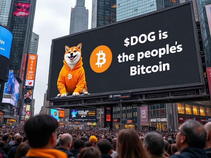 A large Times Square billboard featuring the Dogecoin Shiba Inu mascot alongside text stating '$DOG is the people's Bitcoin'.