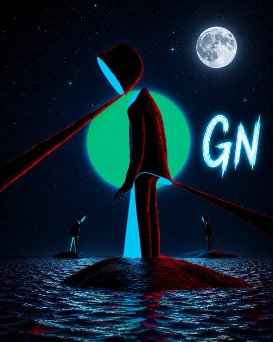 A surreal digital artwork showing a large hooded figure standing on a rock in the ocean, illuminated in blue and red light against a backdrop featuring a full moon, a green circle, and the letters 'GN'.