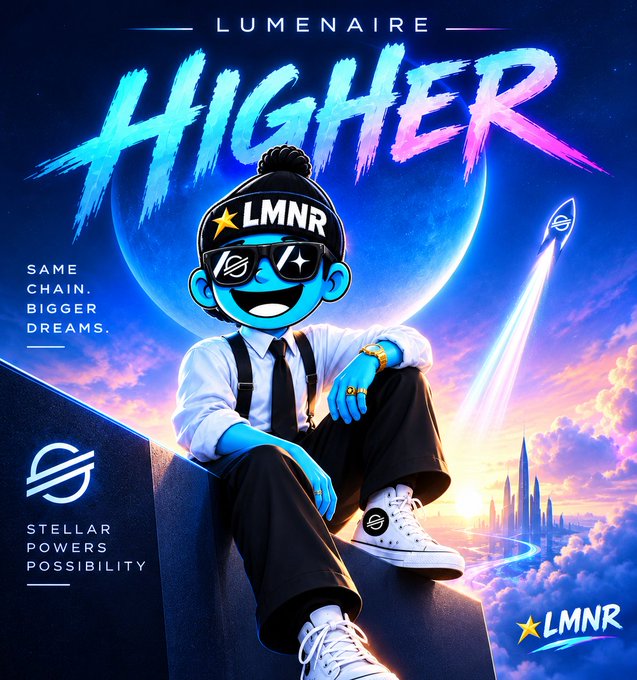 Vibrant promotional graphic featuring a cartoon character in a beanie with 'LMNR' text, with 'HIGHER' in stylized brushstroke font and 'LUMENAIRE' branding.