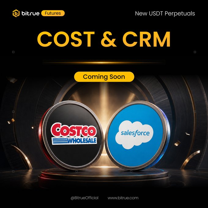 Bitrue Futures announces the upcoming launch of USDT perpetual contracts for Costco ($COSTUSDT) and Salesforce ($CRMUSDT) on July 27, featuring their logos on coin-like medallions with "Coming Soon" and "New USDT Perpetuals" text on a dramatic gold-and-black background.