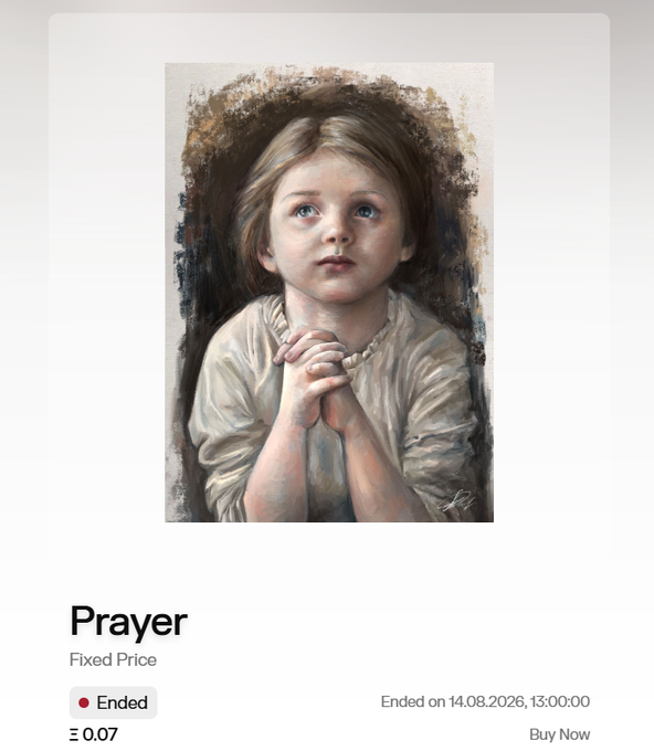 A listing page for a painting titled 'Prayer' showing a young girl with hands clasped in prayer, marked as Ended with a Fixed Price of Ξ0.07, ending on 14.08.2026 at 13:00:00.