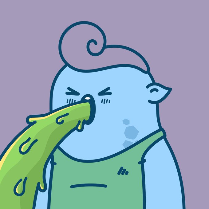 A cartoon illustration of a light blue-skinned character with purple hair and pointed ears wearing a green tank top, with green liquid pouring out of their nose.