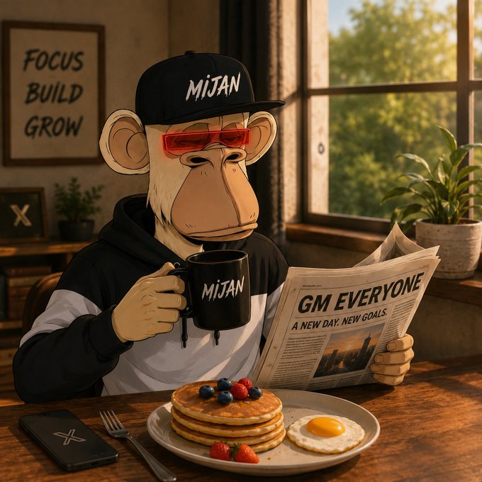 An anthropomorphic monkey wearing a black "MIJAN" cap and red sunglasses sits at a breakfast table with pancakes and a fried egg, holding a mug labeled "MIJAN" and reading a newspaper with the headline "GM EVERYONE A NEW DAY, NEW GOALS." A "FOCUS BUILD GROW" poster hangs on the wall behind him.