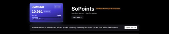 A screenshot displays a Diamond tier SoPoints card showing 10,961 points for SoDEX Season 1, alongside a message confirming the completion of SoPoints SoDEX Season 1 with an 8,800 SODEX from the ecosystem fund, complementing the post announcing the season's conclusion and distributing Week 26 points.