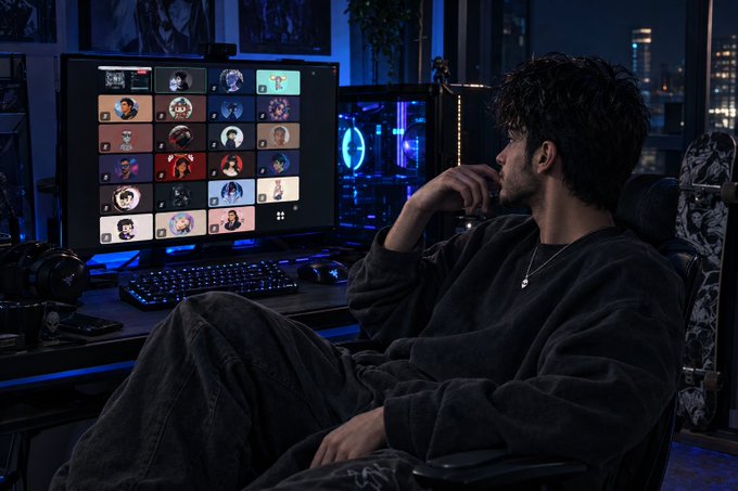 A young man in a dark sweater sits at a gaming desk in a blue-lit room, looking at a monitor displaying a grid of avatar icons.