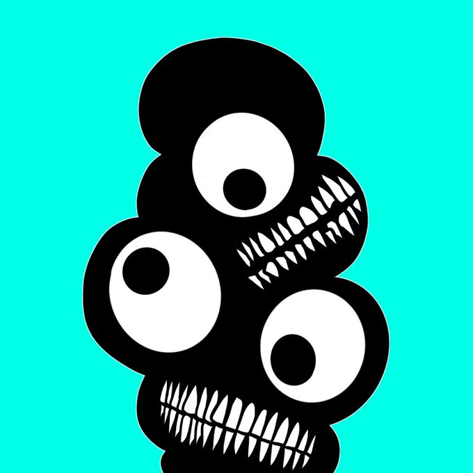A black silhouette of a multi-eyed, sharp-toothed monster-like creature with several large white eyes against a bright turquoise background.