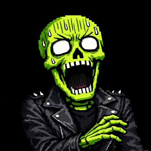 A cartoon illustration of a screaming green skull-headed character wearing a spiked black leather jacket with its hands raised.