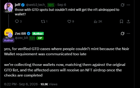 A Twitter/X exchange between user 'jeff' (@web3_tech_) and Zec Bit (@zec_bit) regarding a GTD NFT mint issue, where Zec Bit confirms affected users will receive an NFT airdrop after wallet verification.