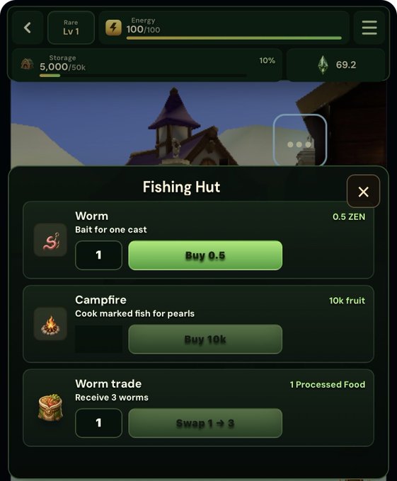 A mobile game screen showing a 'Fishing Hut' menu with options to buy a Worm (0.5 ZEN), Campfire (10k fruit), and trade worms for Processed Food, with stats showing Level 1, 100/100 Energy, and 69.2.
