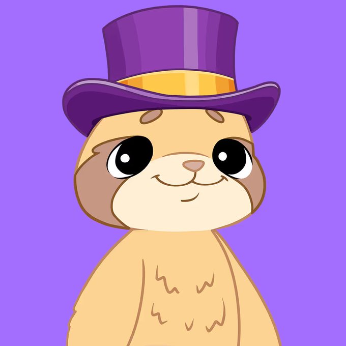 A cartoon illustration of a tan/beige animal character (appearing to be a sloth or similar creature) wearing a purple top hat with a yellow band against a solid purple background.