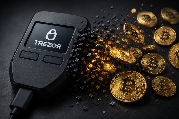 A Trezor hardware wallet device next to scattered gold Bitcoin coins, with digital pixel particles appearing to dissolve from the device.