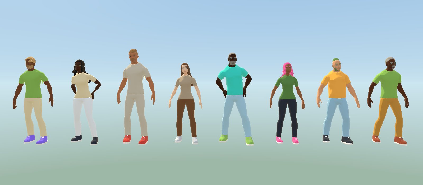 A lineup of eight stylized 3D avatars with diverse appearances and colorful outfits stands against a gradient blue-green background.