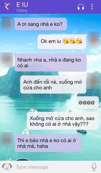 A messaging app conversation in Vietnamese between two people about coming home, set against a tropical island background, with the contact named 'E IU'.